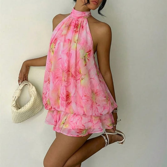 Light Pink Boho Women's Elegant Floral Print Halter Mini Dress Color:
