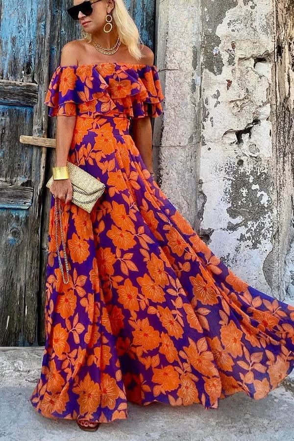 Playful Heart Floral Off Shoulder Maxi Dress Orange 2Xl