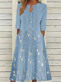 Mia | Floral Midi Dress 3/4 Sleeve Cotton Blend Casual Light Blue