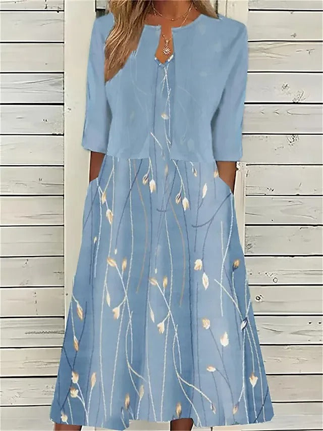 Mia | Floral Midi Dress 3/4 Sleeve Cotton Blend Casual Light Blue