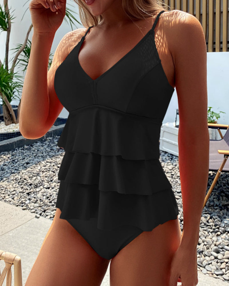 Eulalie - Plain Swimsuit with Elegant Ruffles