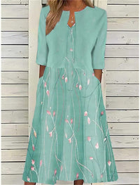 Mia | Floral Midi Dress 3/4 Sleeve Cotton Blend Casual Green