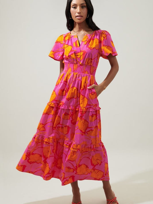 Sugarlips Dress Pink & Orange Floral Tiered Midi Dress Color: Orange