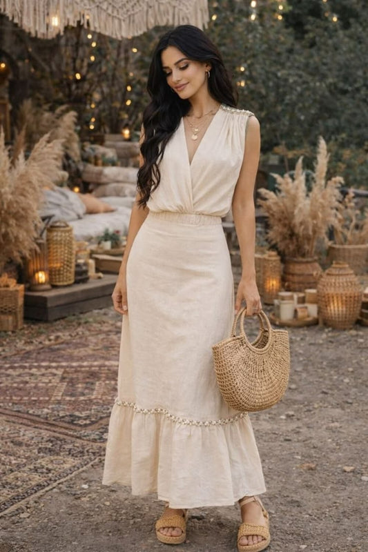 Asprin Beige Boho Midi Dress Luxury Turkish Summer Style