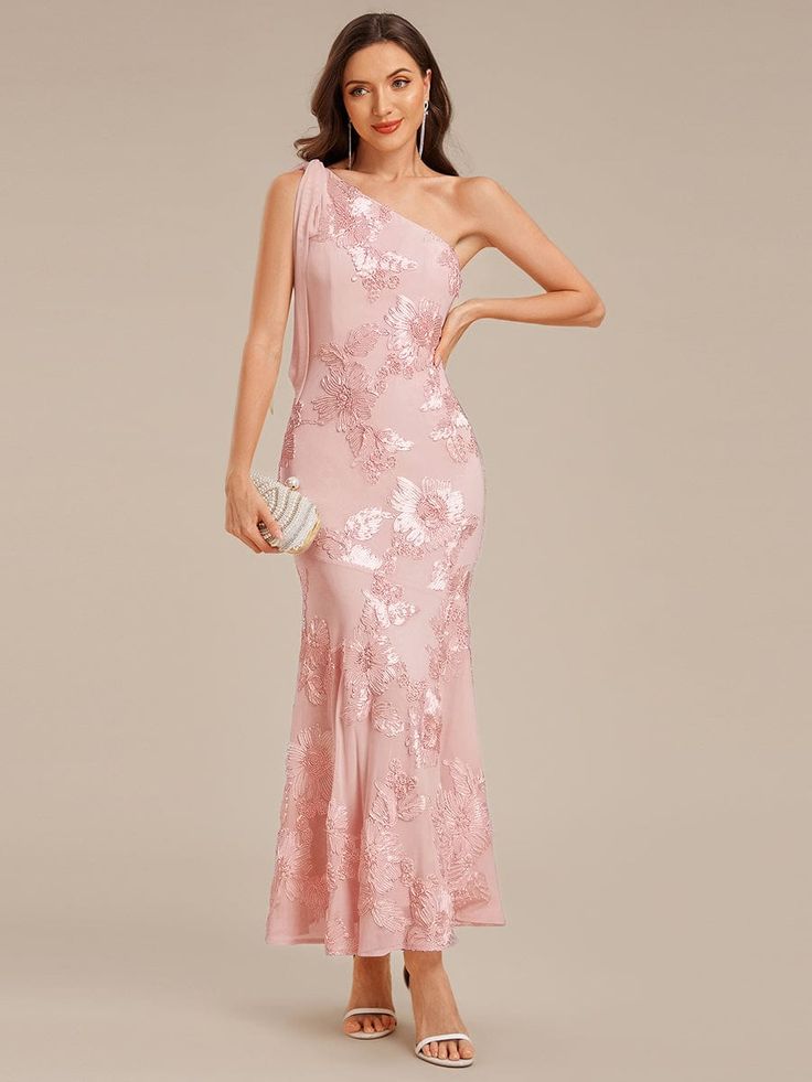 Ever Arcelia Flowing Ribbon Mesh Mermaid Formal Dress Pink