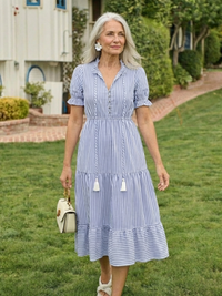 Verity – Short Sleeve Striped Tiered Midi Dress