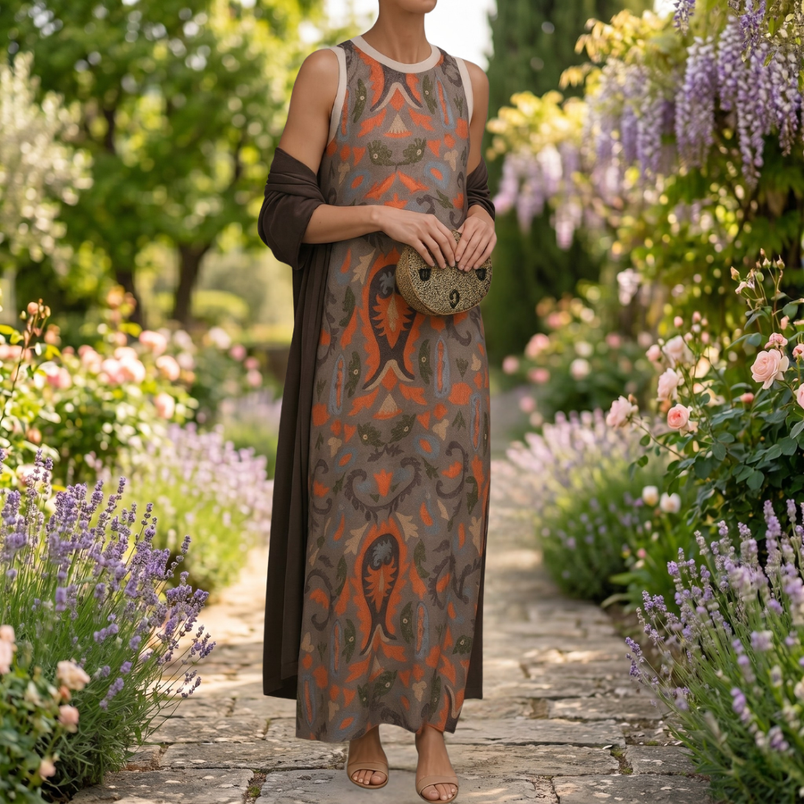 Daniella - Long Printed Dress with Coordinated Waistcoat