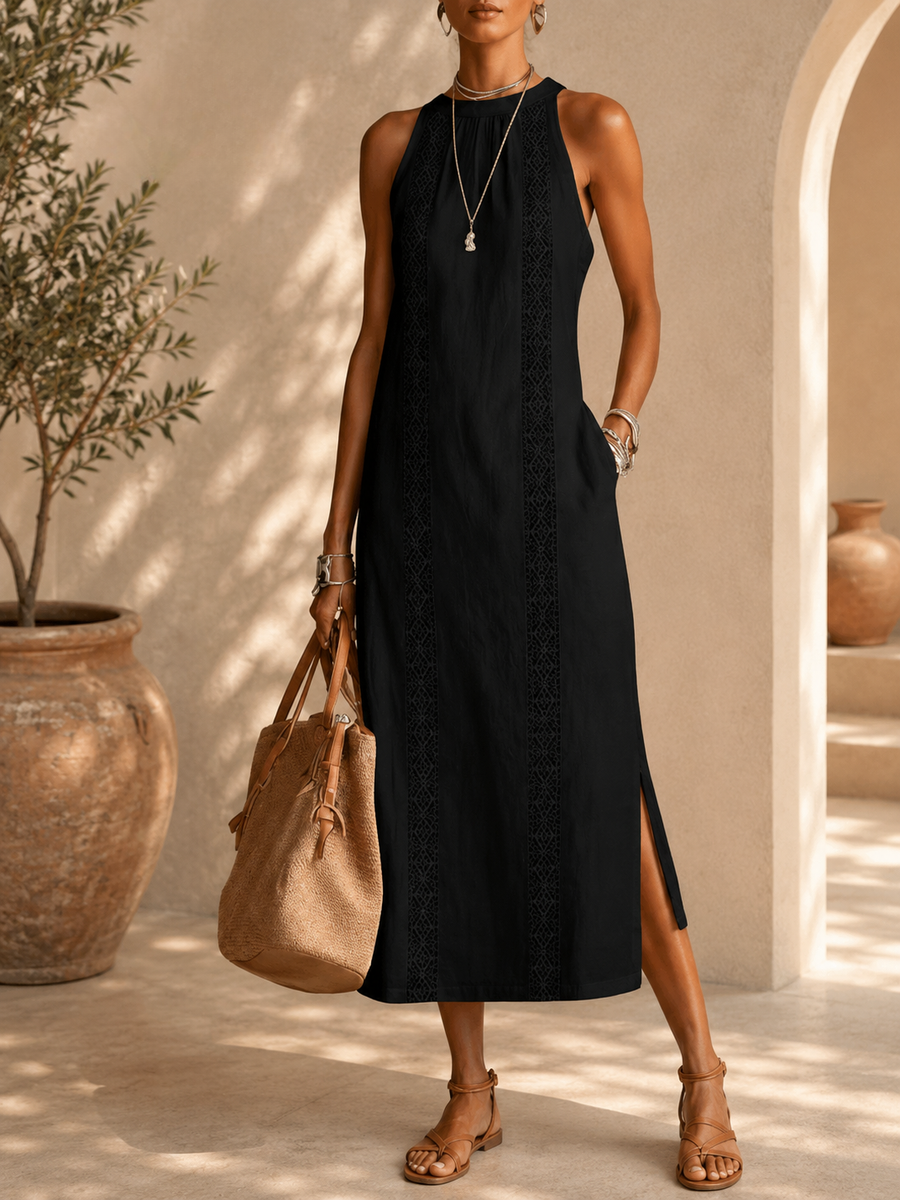 Jemima - Sleeveless Midi Dress with Stand Collar