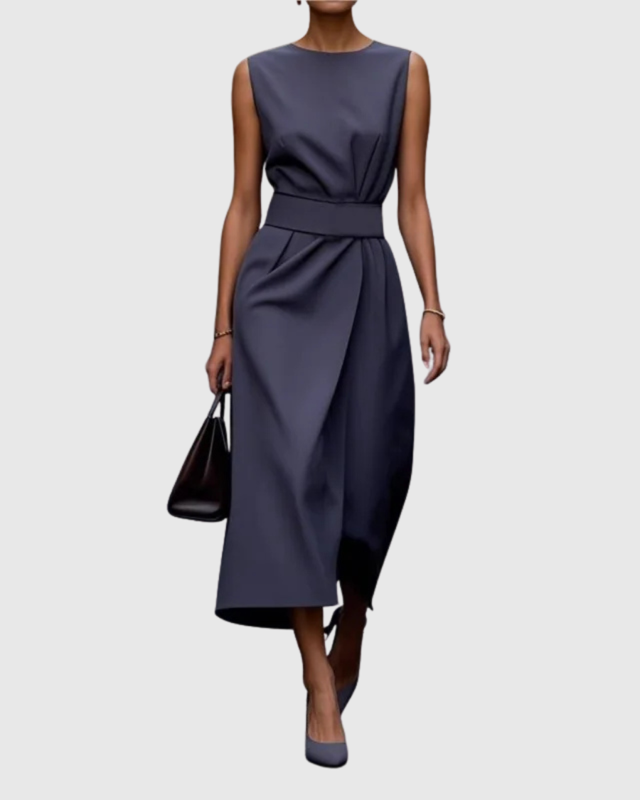 Clarimond | Elegant Round Neck Dress Navy Blue