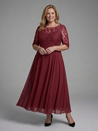 Birdie - Midi Dress with Lace Body and Sheer Sleeves