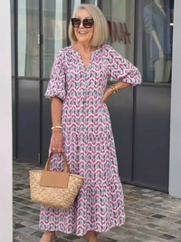 Clementine – Geometric Print Long Sleeve Tiered Midi Dress