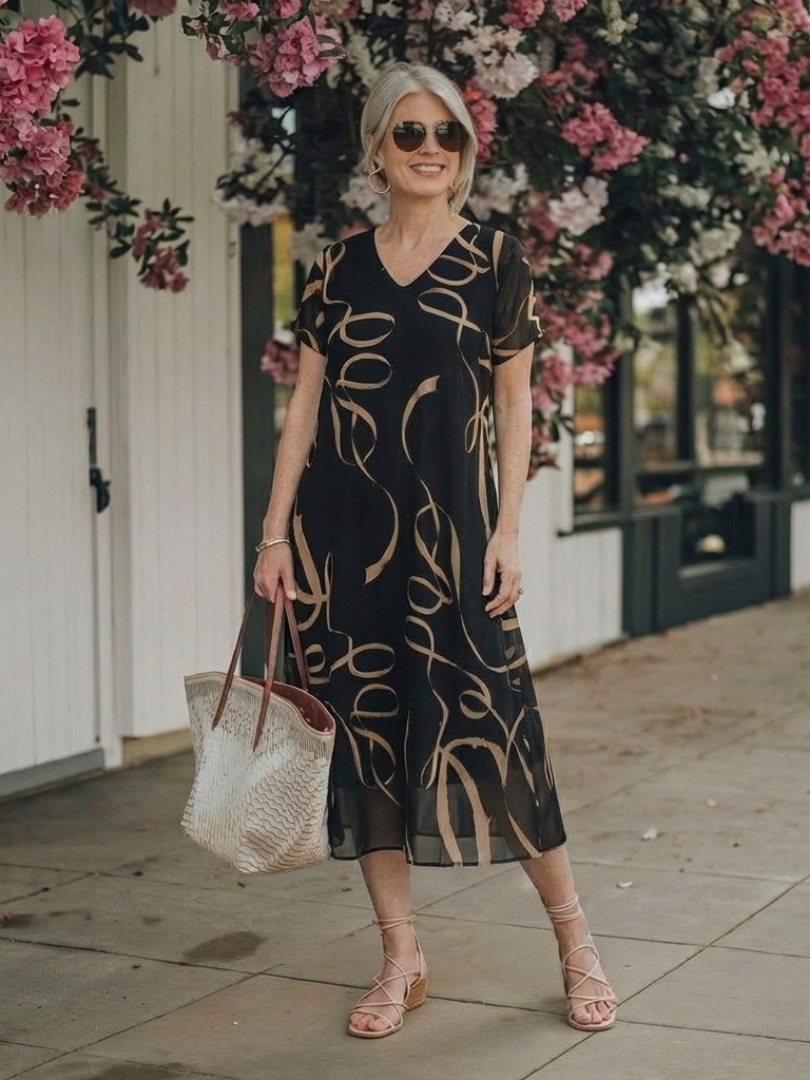 Cambria - Abstract Short-Sleeve Midi Dress