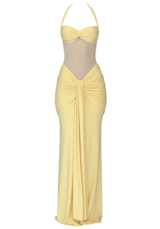 Halter Mesh Insert Draped Maxi Dress Yellow