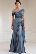 Mermaid Grey Blue One Shoulder Satin Ruched Mother Of Bride Dress With