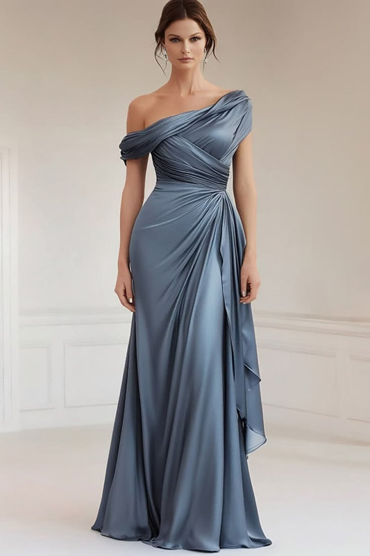 Mermaid Grey Blue One Shoulder Satin Ruched Mother Of Bride Dress With