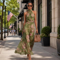 Vintage Floral Halter Maxi Dress, Boho Wedding Guest Dress, Romantic