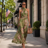 Vintage Floral Halter Maxi Dress, Boho Wedding Guest Dress, Romantic