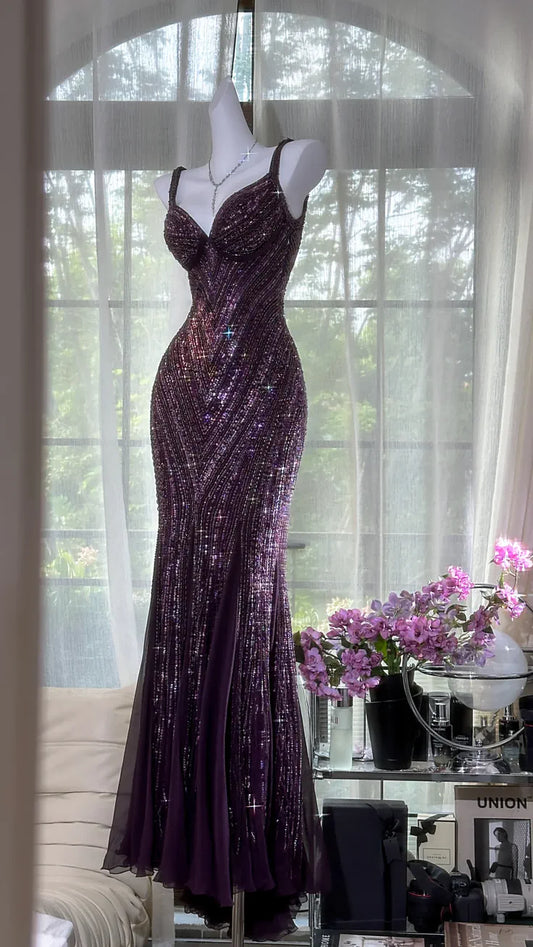Gorgeous Purple Beaded Sequin V Neck Mermaid Elegant Chiffon Evening