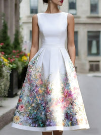 Women's Elegant Summer Cotton Linen Printed Midi Dres As Shown 2Xl