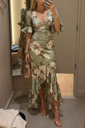 Floral Print V Neck Ruffled Short Sleeved Fitted Waist Pleated Maxi