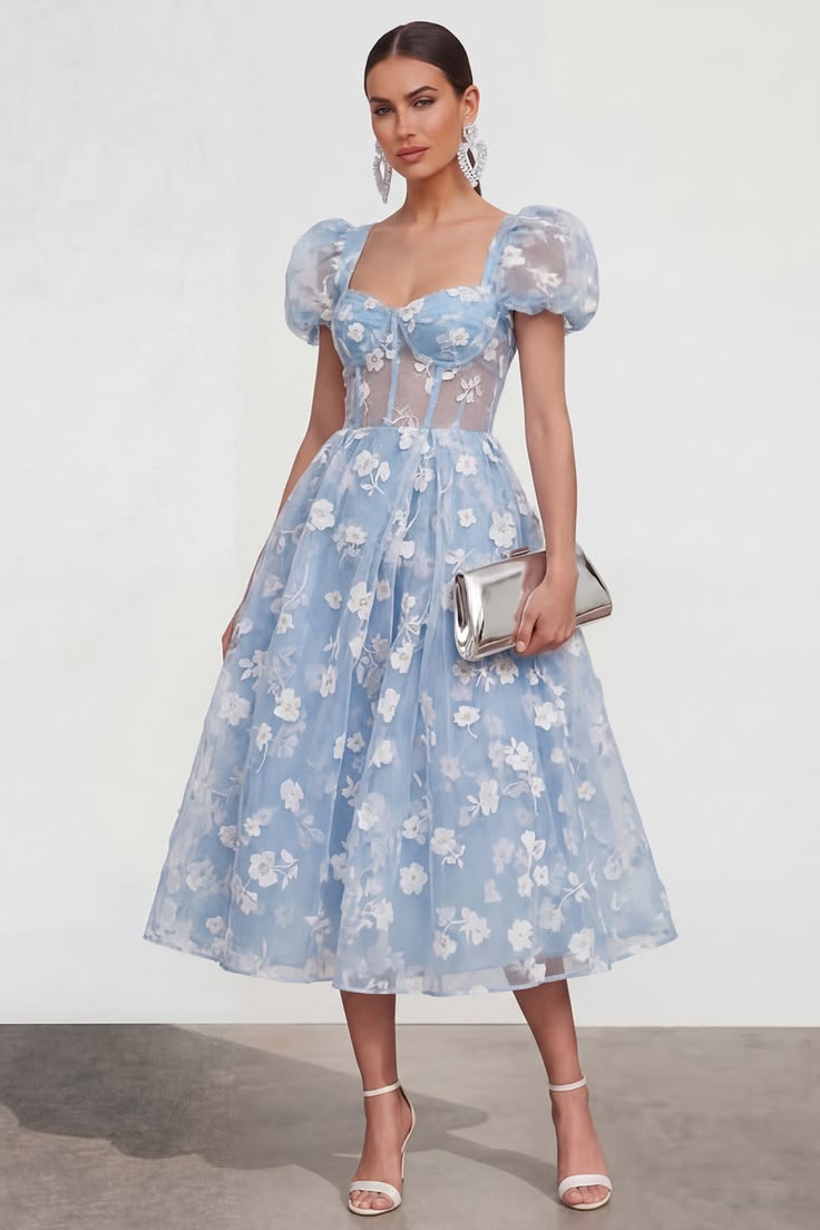 Blaues Blumen A Linie Spitze Midi Kleid Mit Puffarmeln Dress