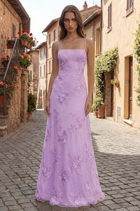 Yellow Spaghetti Straps Long A Line Floral Appliqued Prom Dress Blue