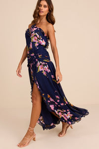 Alayda Navy Blue Floral Asymmetrical Ruffled Maxi Dress