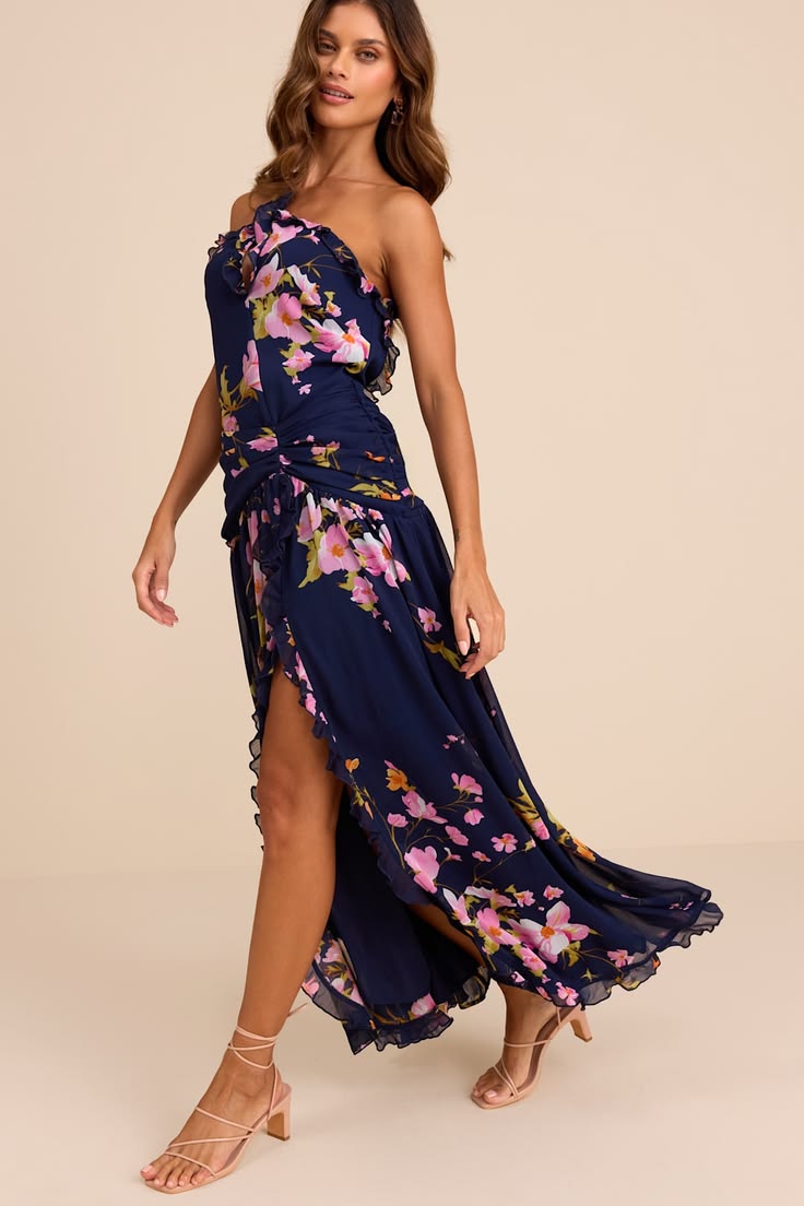 Alayda Navy Blue Floral Asymmetrical Ruffled Maxi Dress