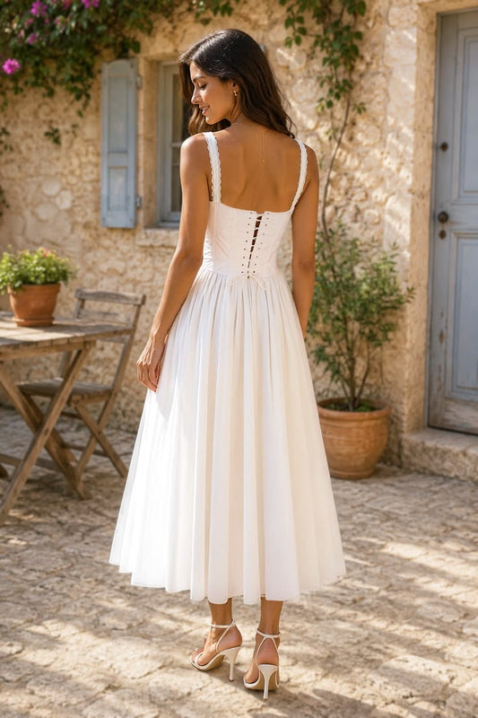 Lace Corset A Line Cotton Midi Dress In White