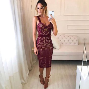 Burgundy Lace Sheath Tight Knee Length Homecoming Dress