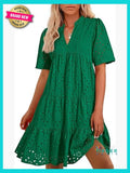 Boho V Neck Short Sleeve Hollow Out Lace Ruffle Mini Vacation Dress