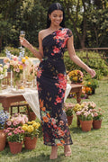 One Shoulder A Line Ruched Ivory Floral Maxi Beach Wedding Guest Dress