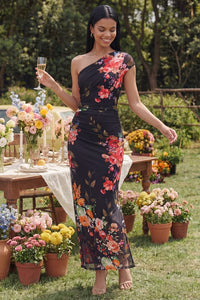 One Shoulder A Line Ruched Ivory Floral Maxi Beach Wedding Guest Dress