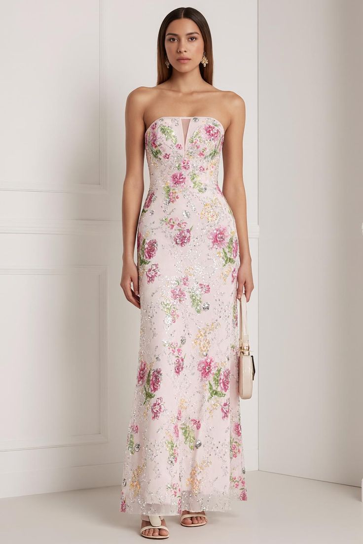 Sparkly Pink Floral Beaded Strapless Mermaid Long Prom Dress With