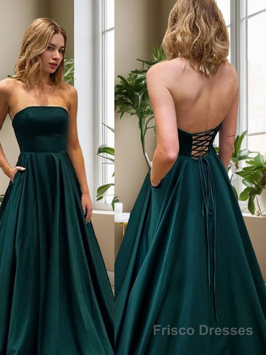 A Line Princess Strapless Sweep Train Satin Evening Dress With Pockets