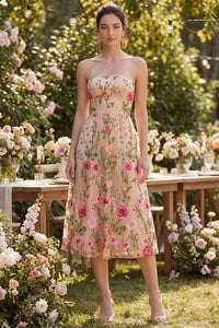 Tull A Line Blush Tragerloses Besticktes Florales Midi Kleid Dress