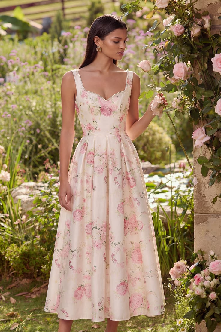 Rosa A Linie Ruckenloses Satin Midi Kleid Mit Blumenmuster Und