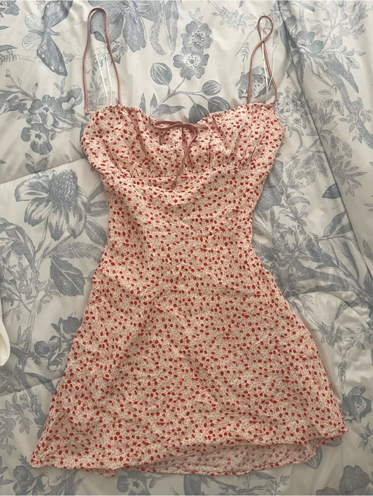 90s Viintagepink Floral Tie Front Spaghetti Strap Mini Dress Color: