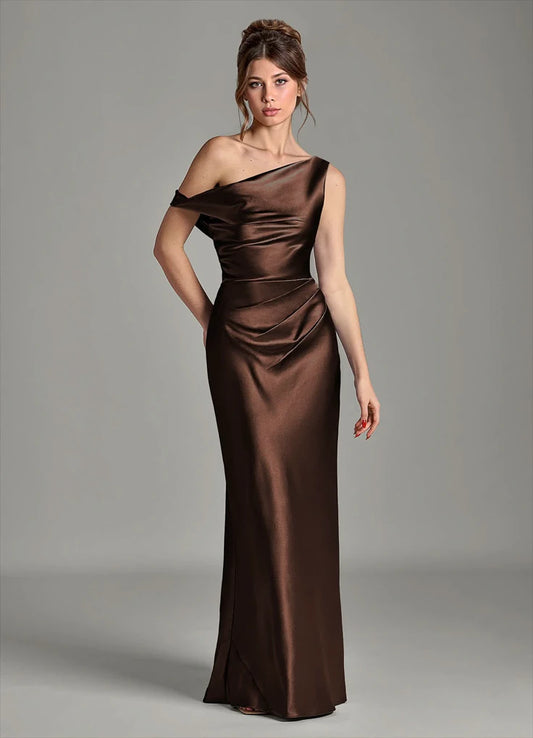 Bridesmaid Dress Metallic Satin Brown Mermaid One Shoulder Floor