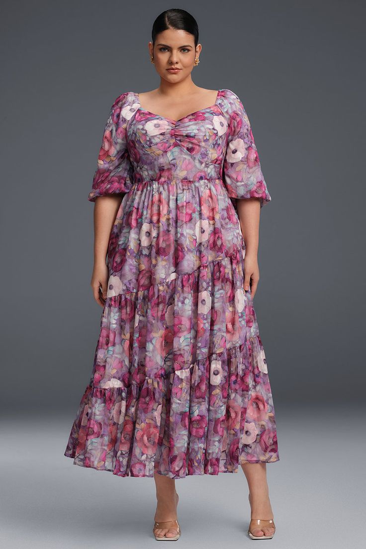 Curveins Plus Size V Neck Flower Print Pleated Maxi Dress