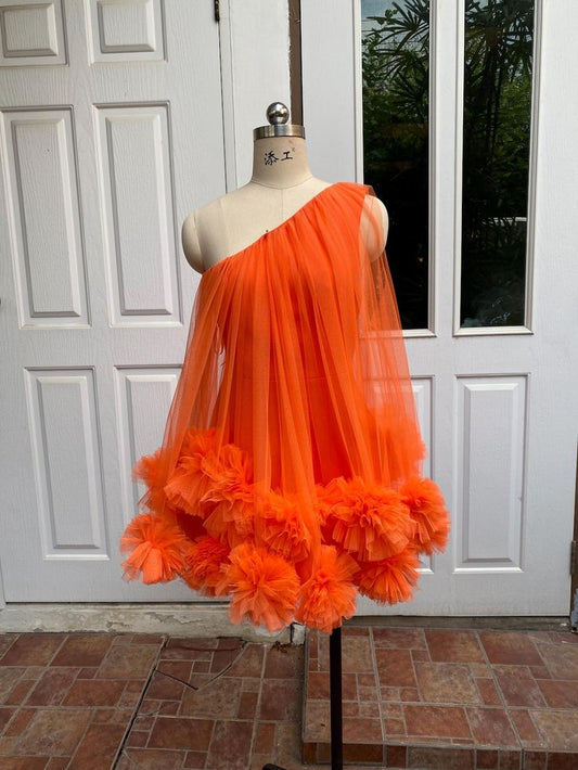 Orange Custom One The Shoulder Mini Tulle Dress For Women,wedding