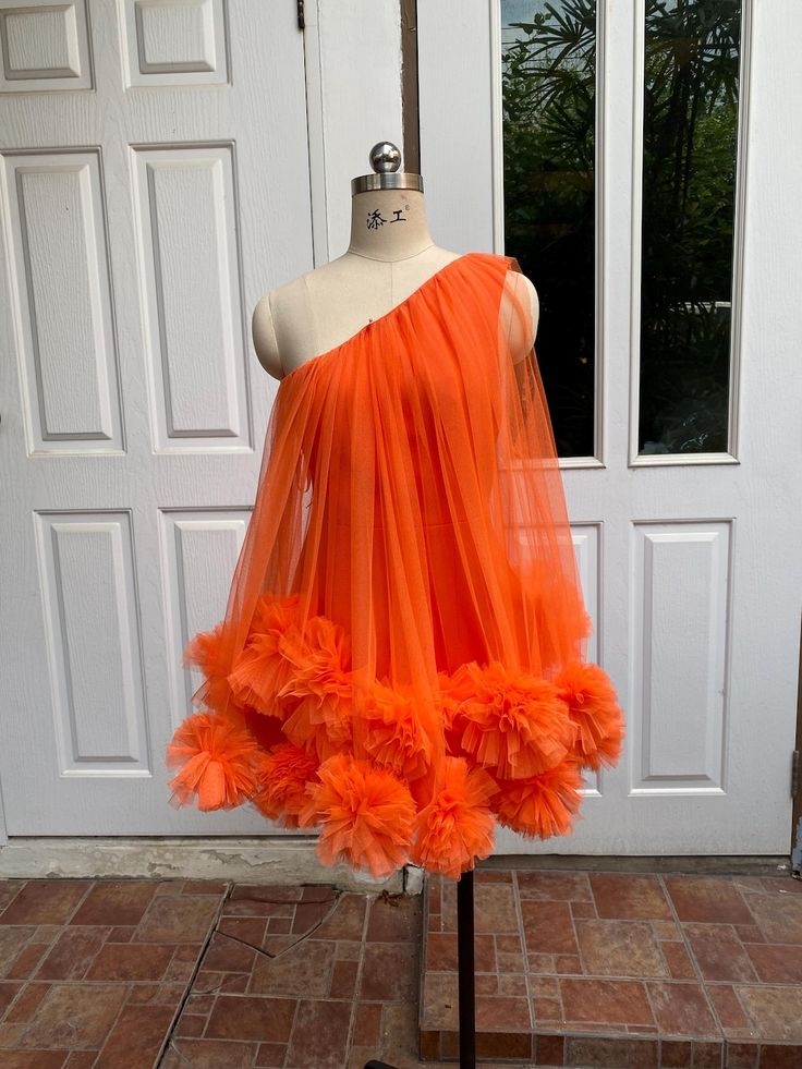 Orange Custom One The Shoulder Mini Tulle Dress For Women,wedding