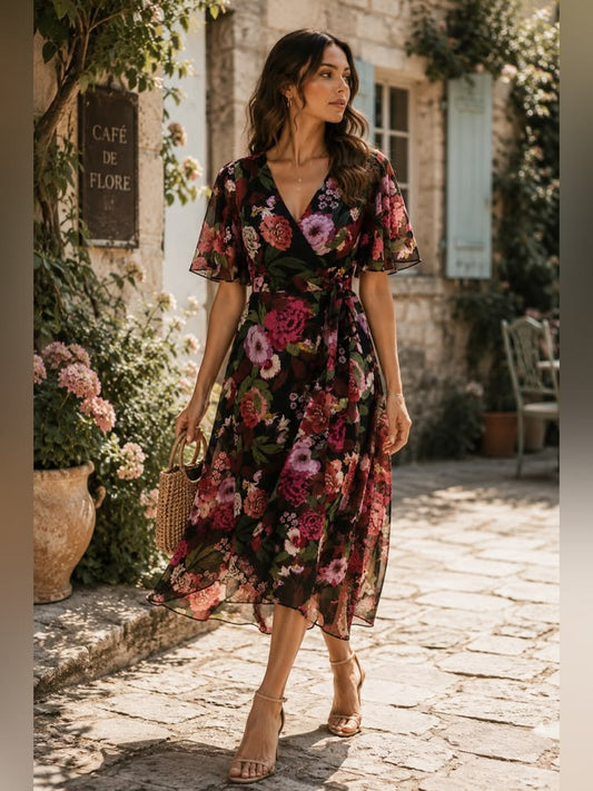 Vince Camuto Dress Vince Camuto Black Multi Floral Flutter Sleeve