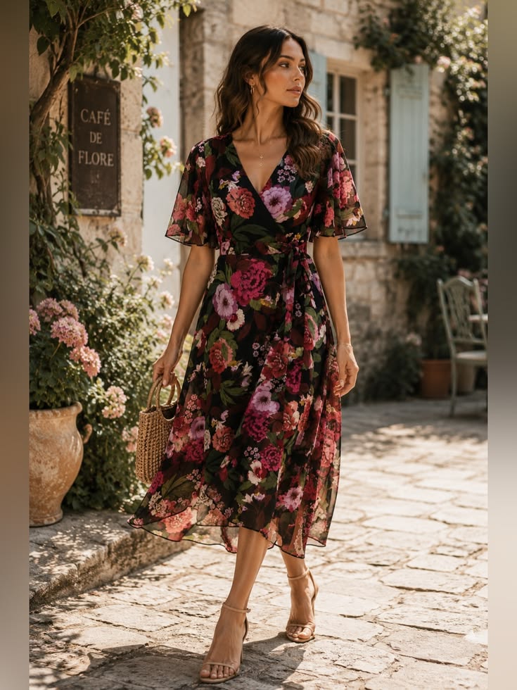 Vince Camuto Dress Vince Camuto Black Multi Floral Flutter Sleeve