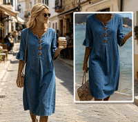 Mila - Ruffle Sleeve Denim A-Line Dress with Button Detail