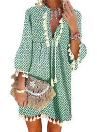 Yoeasy Women Print V Neck Tassel 3 4 Sleeve Knit Shift Dress Bohemian