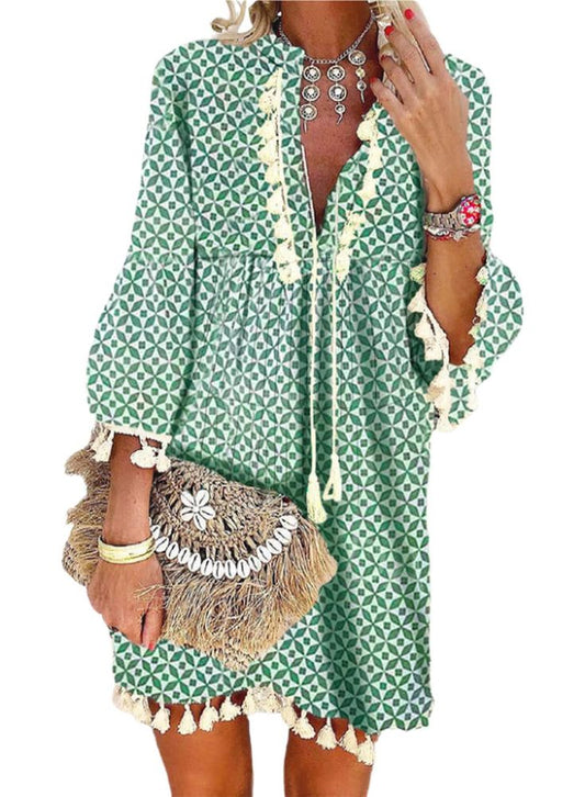 Yoeasy Women Print V Neck Tassel 3 4 Sleeve Knit Shift Dress Bohemian