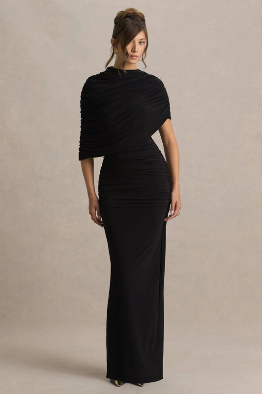 Glitz Black High Neck Maxi Dress With Cape Sleeve And Ruched Detail