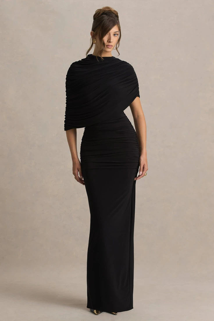 Glitz Black High Neck Maxi Dress With Cape Sleeve And Ruched Detail