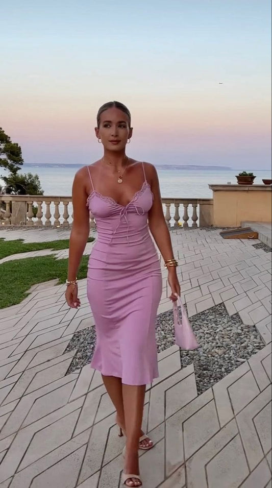 Lilac Spaghetti Straps Midi Length Party Drseses Wedding Guest Dress